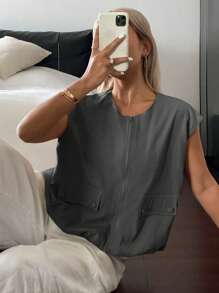 Livesso 夏季新款宽松休闲无袖背心，女士商务休闲外套，女士夹克，秋季女装女式大衣 - 深灰色 - 查看 4