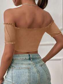 Chiquease Women's Summer Solid Color Ruffle One Shoulder Short Sleeve Cropped T-Shirt - Brown - View 2