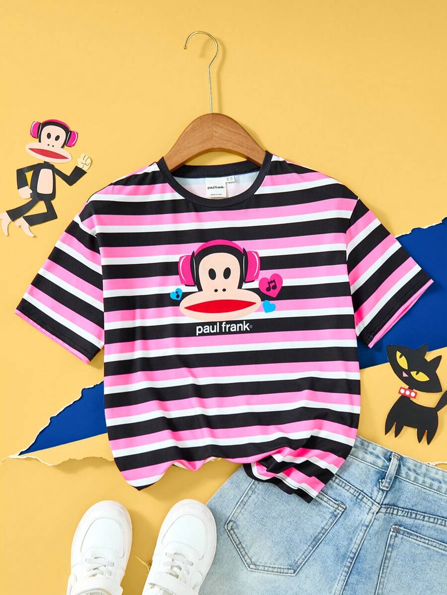 Paul Frank X SHEIN 青少年女孩卡通猴子印花条纹 Y2K 休闲短袖 T 恤