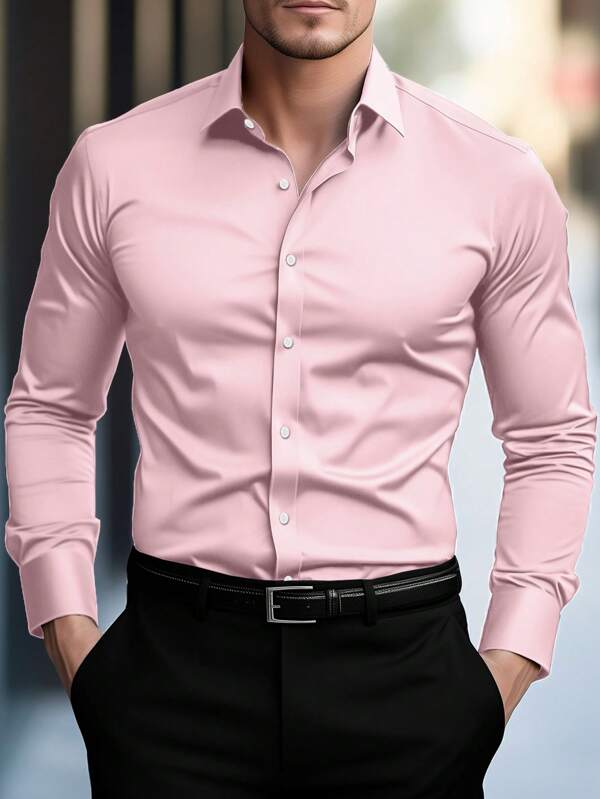 Manfinity Mode Men's Fashion Casual Business Commuting Men's Stand-Up Collar Solid Color Button Long Sleeve Shirt, Men's Formal Shirt, Men's Solid Color Shirt. Suitable For Daily Wear, Commuting To Work, Going Out, Party, Can Be Paired With Suit Pants Or Suit Suits To Attend Parties, Weddings, Honeymoon Scenes. Can Be Given As A Gift To Sons, Husbands, Boyfriends, Fathers.