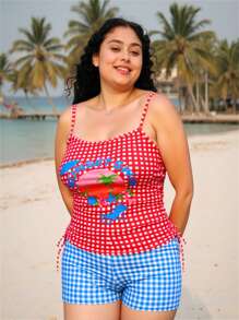 Swim Mod 加大码女式海滩元素印花可调节肩带侧隧道抽绳隐藏式迷人坦基尼上衣搭配格子高腰下装，时尚、性感、优雅的海滩度假比基尼套装 - 彩色 - 查看 4