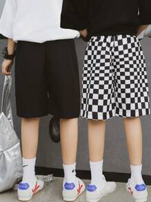 2pcs Boys Fashionable, Versatile Black & White Plaid Knee-Length Shorts, Summer