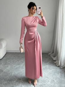 Elenzga Women Solid Satin Ruched Shoulder Party Elegant Long Sleeve Dress With Side Slit Maxi Women Outfit - Pink - View 8