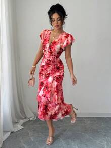 Rafferiza Elegant Sexy V-Neck Ruffle Floral Print Dress - Multicolor - View 3