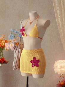 SHEIN Swim 女士针织挂脖罩衫，夏季时尚 - 黃色 - 查看 5