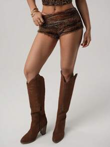 SHEIN ICON Retro Striped Faux-Furry Fabric Super Low Rise Cuff Waistband Super Short Shorts - Orange - View 5