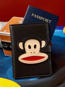 Paul Frank X SHEIN 1 pieza de Portapassaporte de Piel de PU con Estampado de Mono, Puede Almacenar Pasaporte, Tarjeta de Embarque, Contiene Dos Ranuras para Tarjetas, Adecuado para Hombres y Mujeres, Adecuado para Viajes - Negro - Ver 2
