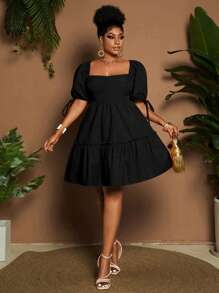 Maweii Robe d'été unie à volants avec nœud sur le dos grande taille