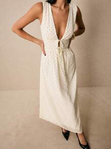 Poéselle Women's Summer Casual Polka Dot Print Tie Front V-Neck Dress,Business Casual Woman Business Women Attire