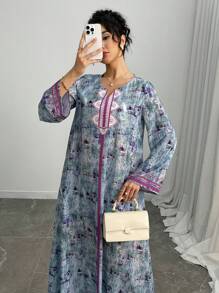 SHEIN Najma 女士休闲宽松V领阿拉伯连衣裙，日常穿着，端庄 - 藍色 - 查看 1