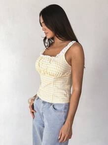 Roylia Women's U-Neck Plaid With Yellow Contrast Ruffle Trim Camisole, Versatile , Square Neck Top - Yellow - View 5