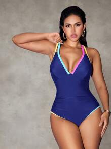 Shapewave 1pc Tummy Control Patchwork Swimsuit For Women For Summer Beach Vacation - Navy Blue - View 6