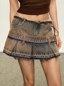 Rina Fox Vintage Washed Split Grommet Drawstring High Street Denim Skirt - Medium Wash - View 3
