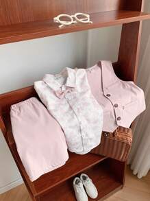 SHEIN Leap Crew 2pcs Young Boys College Style Casual Comfortable Solid Color Polo Shirt, Necktie, Relaxed Fit Shorts 3 Pieces Set, Suitable For Commute, School, Daily, Vacation, Sport In Spring/Summer - Pink - View 6