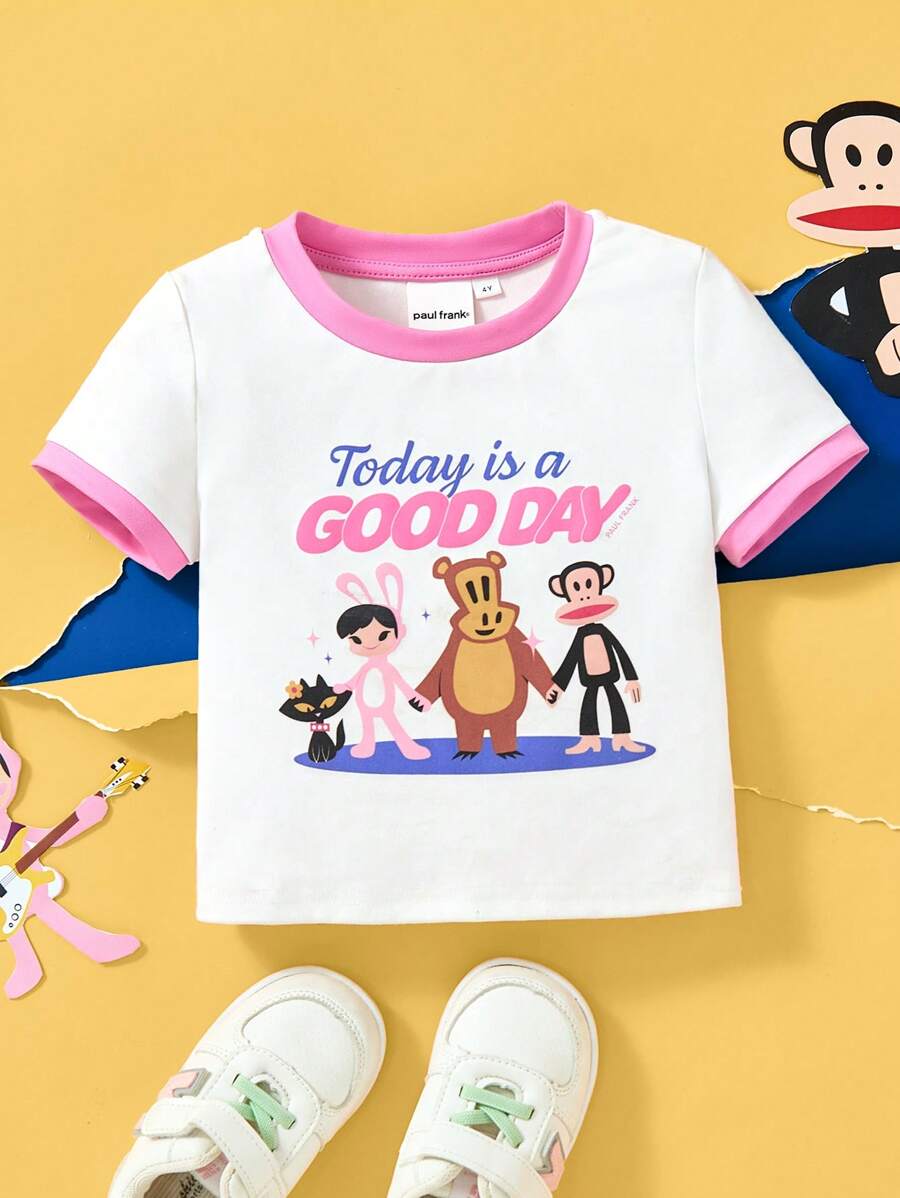Paul Frank X SHEIN Young Girl Cartoon Black Cat & Rabbit Contrast Trim Cute Crew Neck Short Sleeve T-Shirt - White - View 1