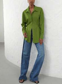 Aveloria Modichic 女士休闲办公装可调节宽松不对称下摆长袖衬衫