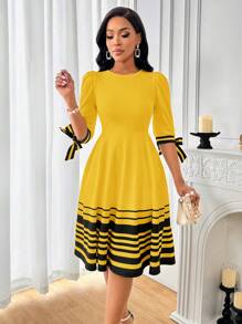 SHEIN Lady 白色条纹印花装饰连衣裙A级优雅女装 - 黃色 - 查看 4