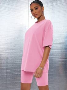 SHEIN SXY Drop Shoulder Solid Top & Biker Shorts Set