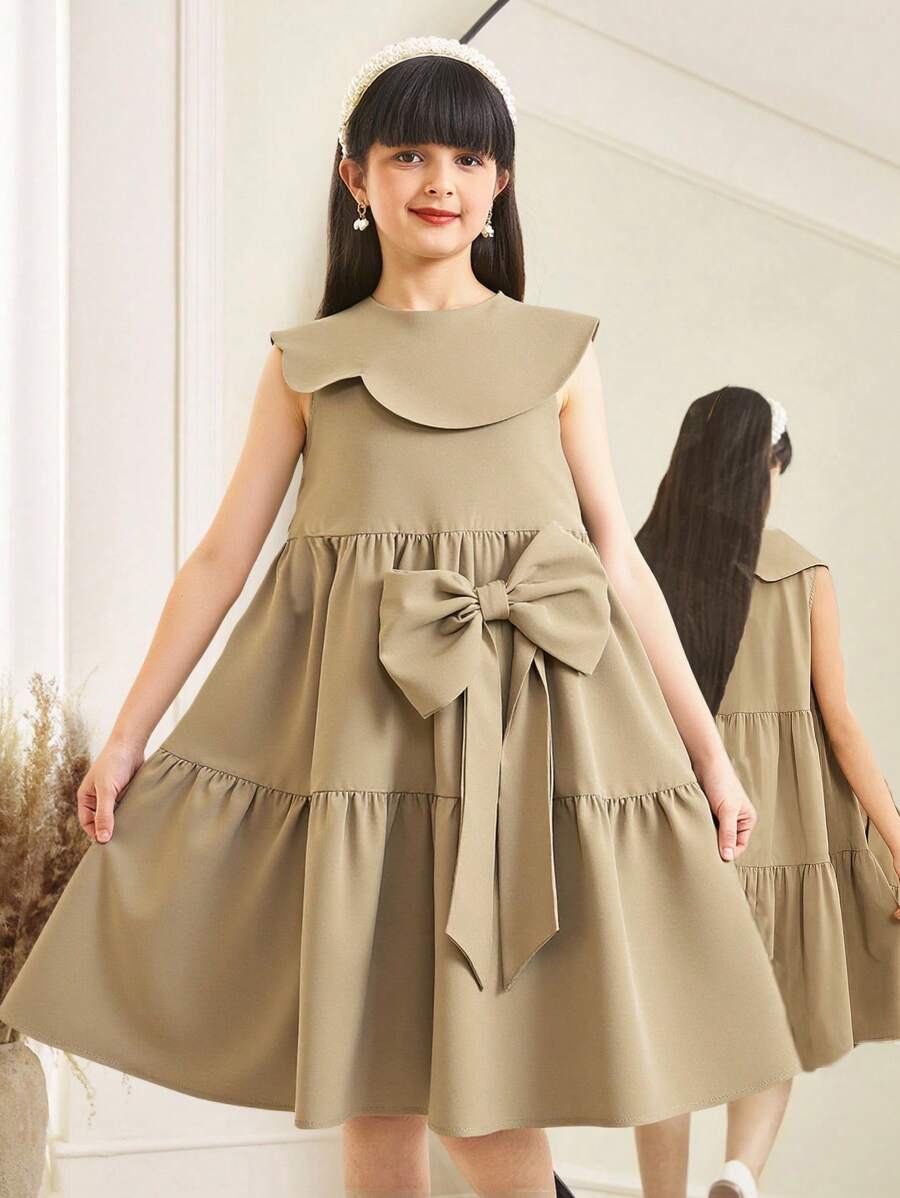 SHEIN 青少年女孩宽松休闲简约不对称领口 A 字形蝴蝶装饰连衣裙 - 粉色 - 查看 1