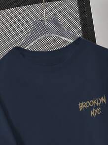 SHEIN Teenage Boy Slogan Building Print Round Neck Short Sleeve Casual T-Shirt - Navy Blue - View 5