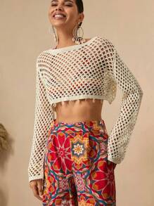 Bóhologie Cubre para mujer de unicolor con detalles calados y dobladillo estilo bohemio