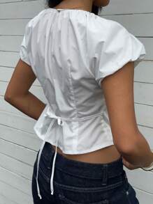 SHEIN EZwear Women's Solid Color Lace Patchwork Round Neck Short Sleeve Blouse - White - View 2