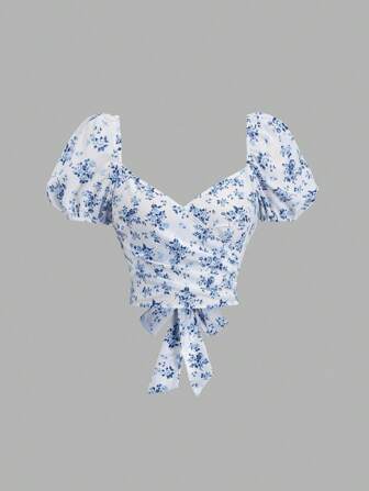 Sweetra Blouse à volants avec nœud papillon, imprimé vintage à pois rouges, style rétro doux. Design flatteur pour femmes, nouveau style estival français