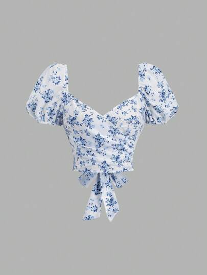 Sweetra French Style Summer New Vintage Sweet Retro Red Polka Dot Print Ruffle Bowknot Blouse, Flattering Design For Women