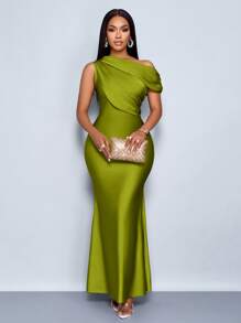 SOLERSUN Váy Maxi Ôm Body Không Tay Lệch Vai Không Đối Xứng Vải Bóng Màu Mơ Trang Phục Mùa Hè Cho Nữ - màu xanh lá - Xem 6