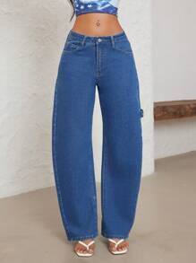 SHEIN ICON Jeans rectos de bolsillo sesgado de uso diario casual para mujer