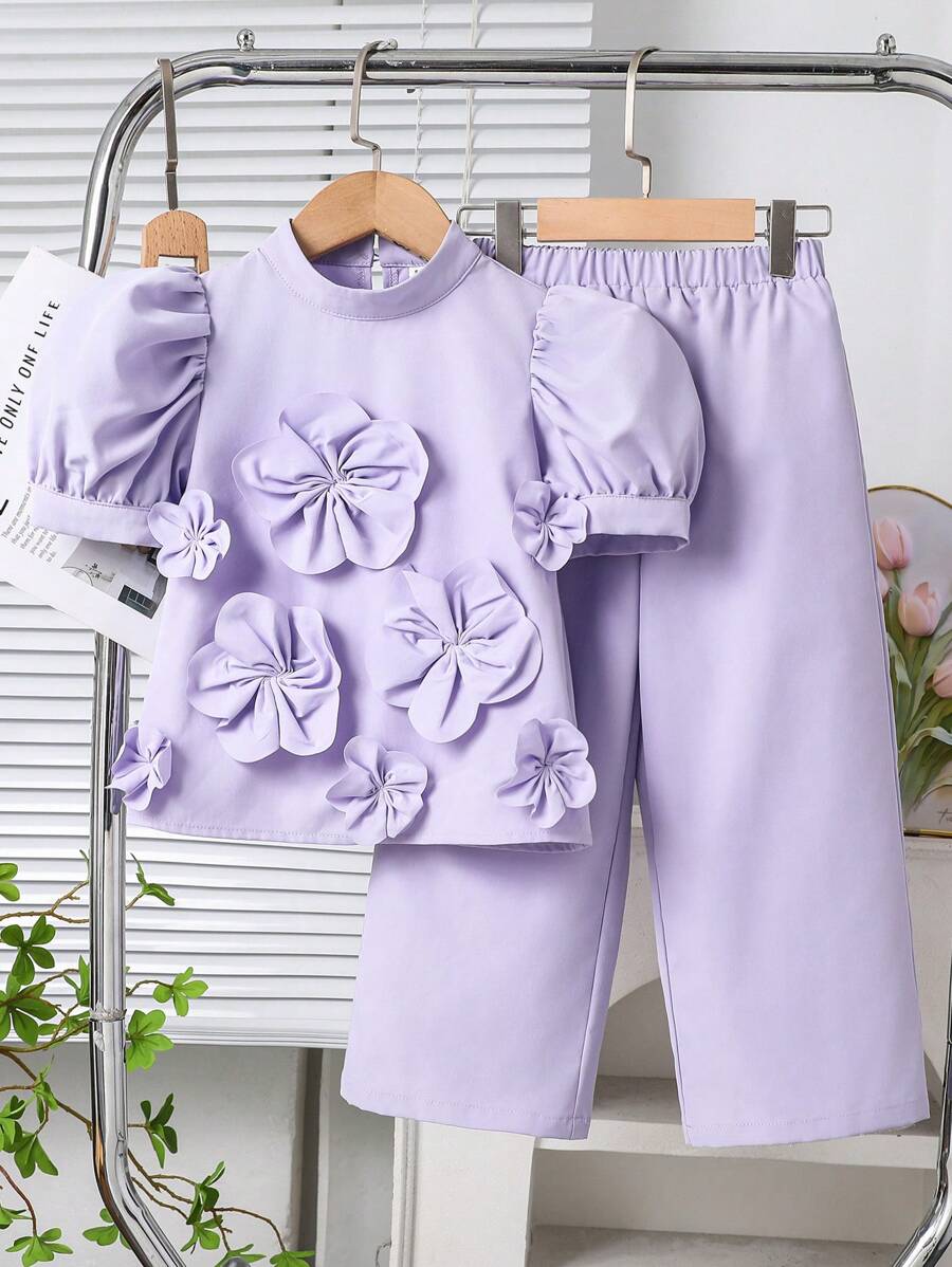 SHEIN 年轻女孩 2 件套装:3D 花朵泡泡袖立领衬衫和宽松休闲裤装,可爱、优雅、甜美、复古、时尚。 - 紫色 - 查看 1