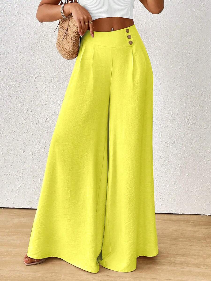 SHEIN Unity 女士纯色纽扣前褶阔腿裤,优雅时尚 - 黃色 - 查看 1