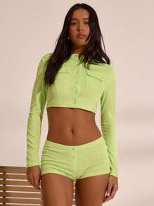 MUSERA Button Up Cropped Pocket Detail Towelling Long Sleeve Crop Top Spring Summer Vacation Boho Ibiza Elegant Beach Cute Beach House Holiday - Green - View 1