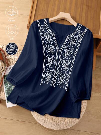 GlowEve Women's White V-Neck Embroidered Short Sleeve Blouse