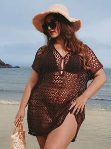 Elaquor Plus Size Country Concert Outfit Solid Color Hollow-Out Knit Bikini Cover-Up, Vacation & Beach, Holiday Clothes, Vacation Outfits Woman, Festival - Coffee Brown - View 4