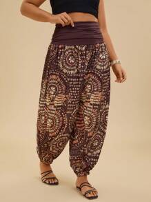 Travachic 大码女式波西米亚风休闲度假花卉印花宽松阔腿裤，春夏