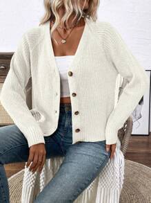 EMERY ROSE Versatile V-Neck Cardigan Sweater Outerwear For Women, Loose Casual Simple Open Front Design Fall Winter Cloth For Women - Beige - View 4