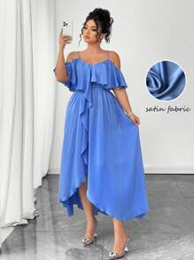 Elenzga Plus Size Elegant Solid Color Off-Shoulder Strap Dress For Summer Fall Cloth For Women - Dusty Blue - View 5