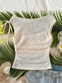 SHEIN 少女度假米色针织纹理面料不对称肩部系带袖口褶皱腰部修身上衣，适合派对、城市街道、海滩、夏季 - 杏色 - 查看 2