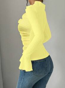 Elenzga Long Sleeve V-Neck Pleated Hand-Crafted 3D Rose Flower Ruffle Flare Cuff T-Shirt - Yellow - View 2