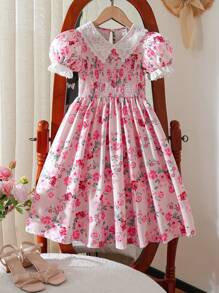 SHEIN Girl Teen White Lace Collar Short Sleeve Flower Print Waisted Flounced Hem Dress