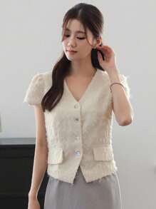 DAZY Plain Fitted Short Sleeve V-Neck Elegant Summer Ladies Blouse - Apricot - View 4