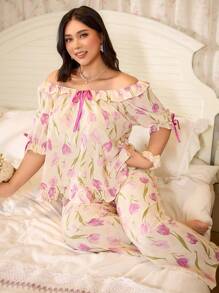 CottageSlumber Cute Country Style Tulip Printed Ruffled Satin Bow Plus Size Pajama Set Holiday Season - Beige - View 5