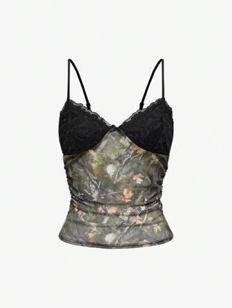 Top camisola sexy con diseño de encaje con estampado integral, tirantes finos y espalda descubierta, estilo Y2K, para el Día de San Valentín, verano, estilo bohemio