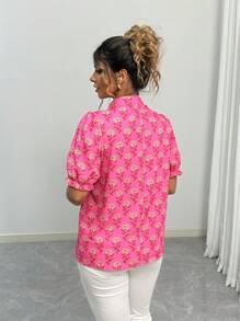 Elenzga 大码女式节日花卉印花泡泡袖褶皱衬衫 - 彩色 - 查看 2