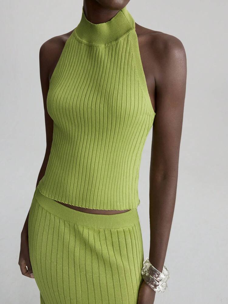 Women's Chic Olive Green Summer Knitted Sleeveless Top,Minimalist Retro Stand Collar Ribbed Backless Brunch Apparel,Urban Avocado Green Daily Wear