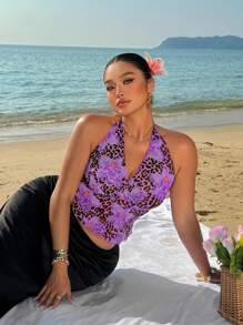 SHEIN SunnyBelle Áo tank top cổ yếm bằng vải lưới, họa tiết hoa loa kèn và da báo, kiểu dáng thon gọn, gợi cảm, thích hợp cho kỳ nghỉ hè. - Màu tím - Xem 5