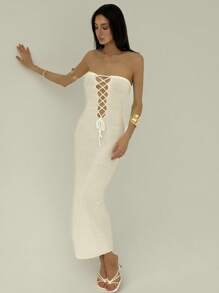 Aloruh Ladies Knitted Backless Tube Top Mini Dress - White - View 7