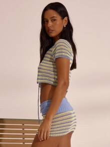 MUSERA Striped Crochet Knit Tie Front Short Sleeve Crop Cardigan Only Spring Summer Vacation Boho Ibiza Elegant Beach Cute The Beach House Beach Club Holiday Fall Autumn Winter Everyday Casual Fall  Chic - Multicolor - View 2