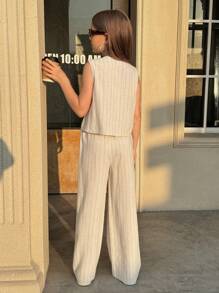 Bộ đồ hai mảnh Nova Glow Tween Girls Loose Casual Striped Vest And Wide Leg Pants - trắng - Xem 7